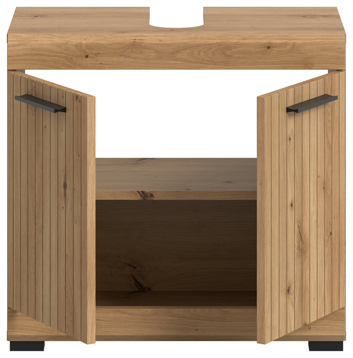Waschbeckenunterschrank 60 cm Holzdekor mit geöffneten Türen und Innenfach