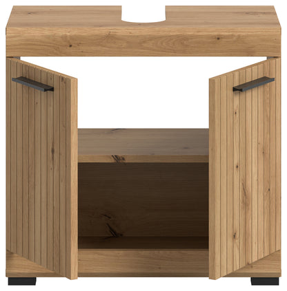 Waschbeckenunterschrank 60 cm Holzdekor mit geöffneten Türen und Innenfach