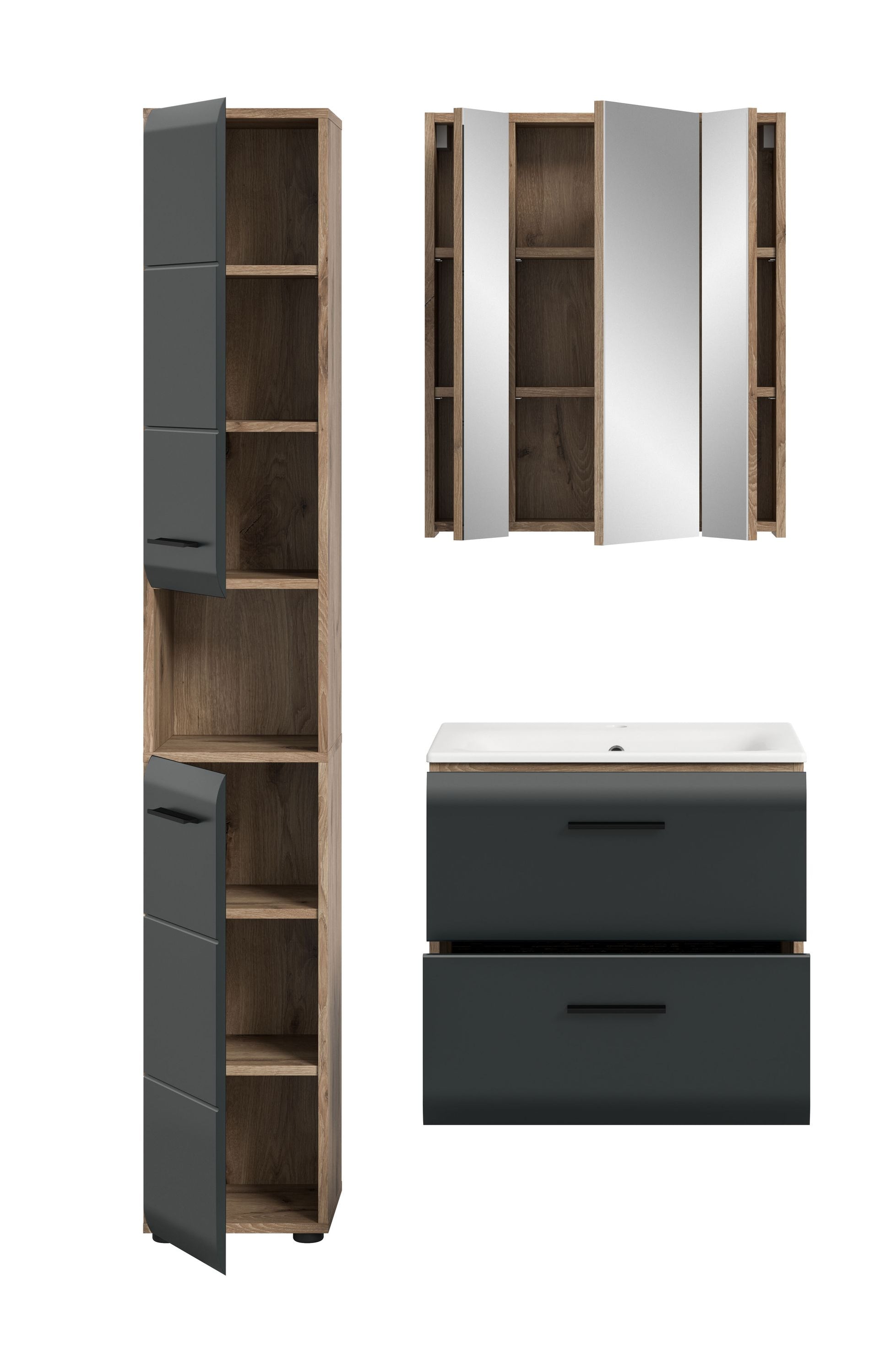 Badmöbel-Set in Eiche und Graphit, offene Front: Hochschrank, Spiegelschrank und Waschtisch