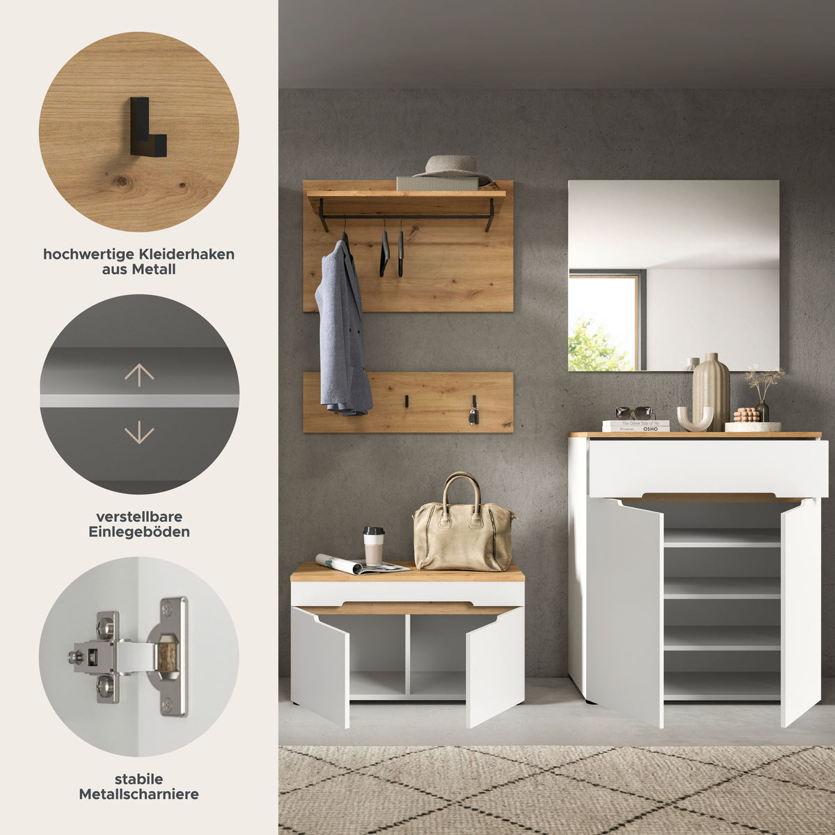 Garderobenset mit Sitzbank, Schrank und Spiegel; Holz- und weißes Design mit Metallhaken