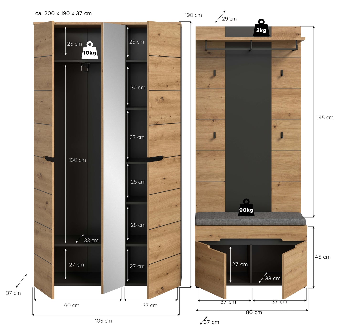 Garderoben-Set aus Holz mit Garderobenschrank und Sitzbank, Maßskizze