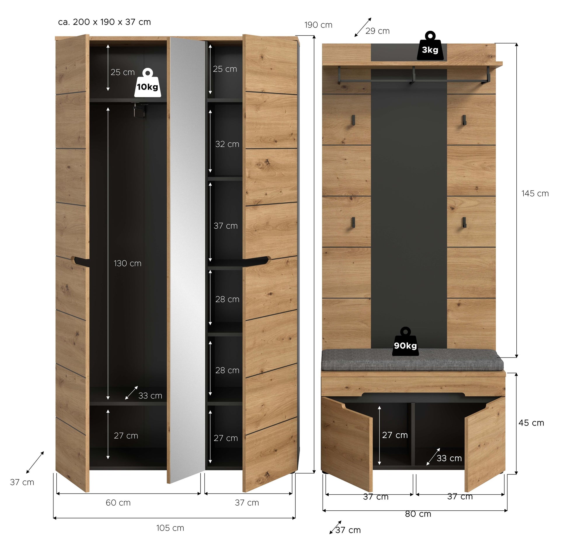 Garderoben-Set aus Holz mit Garderobenschrank und Sitzbank, Maßskizze