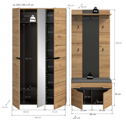 Garderoben-Set aus Holz mit Garderobenschrank und Sitzbank, Maßskizze