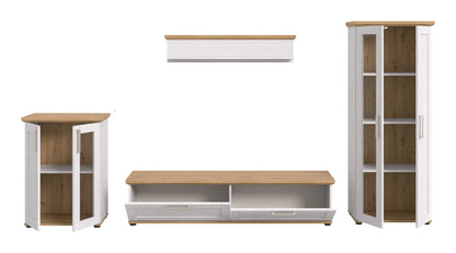 Wohnwandset: TV-Lowboard, Seitenschrank, Hochschrank und zwei Wandregale mit Holzdekor.