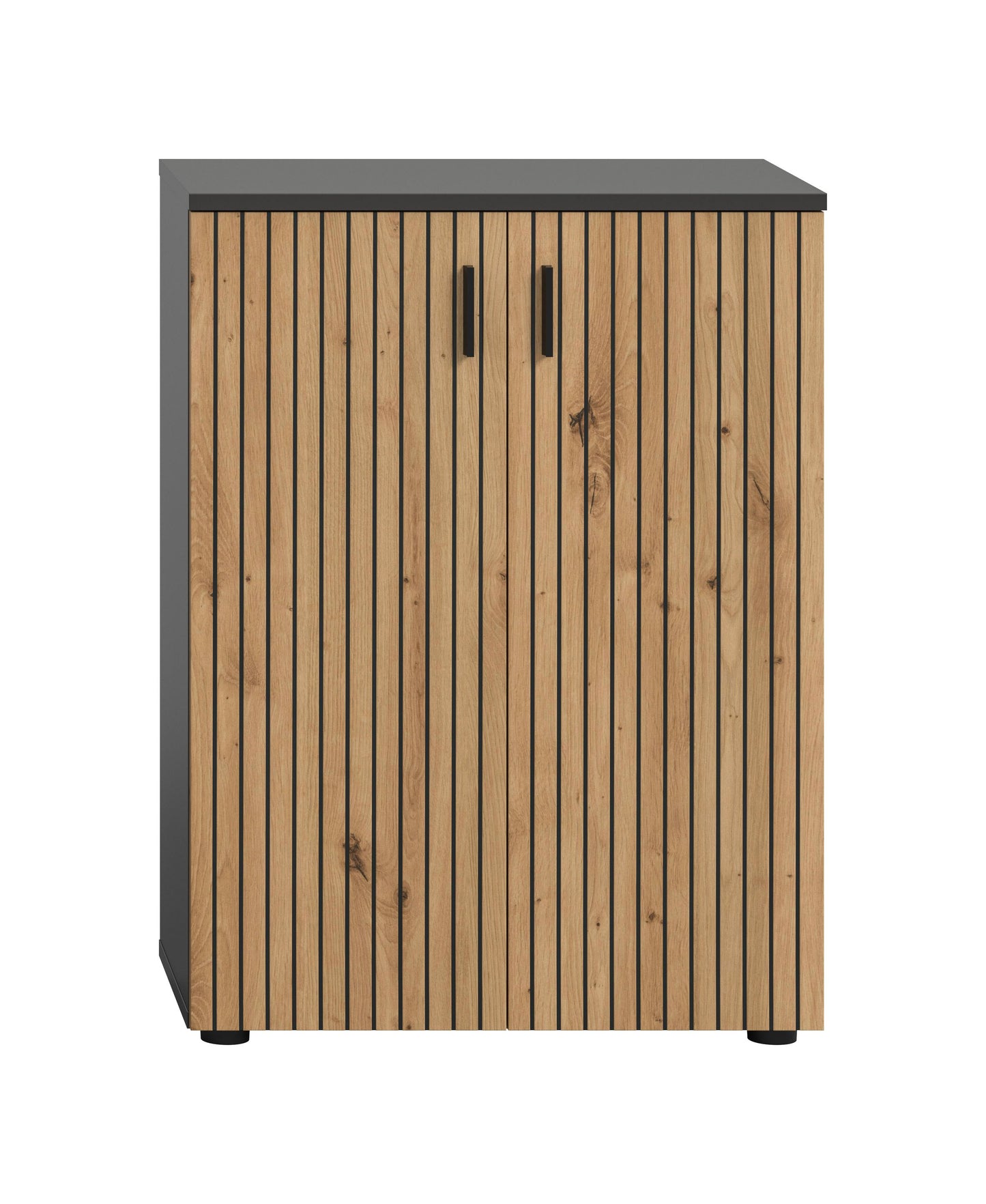 Badschrank mit Holzlamellen-Front, dunkler Oberplatte und zwei schmalen schwarzen Griffen