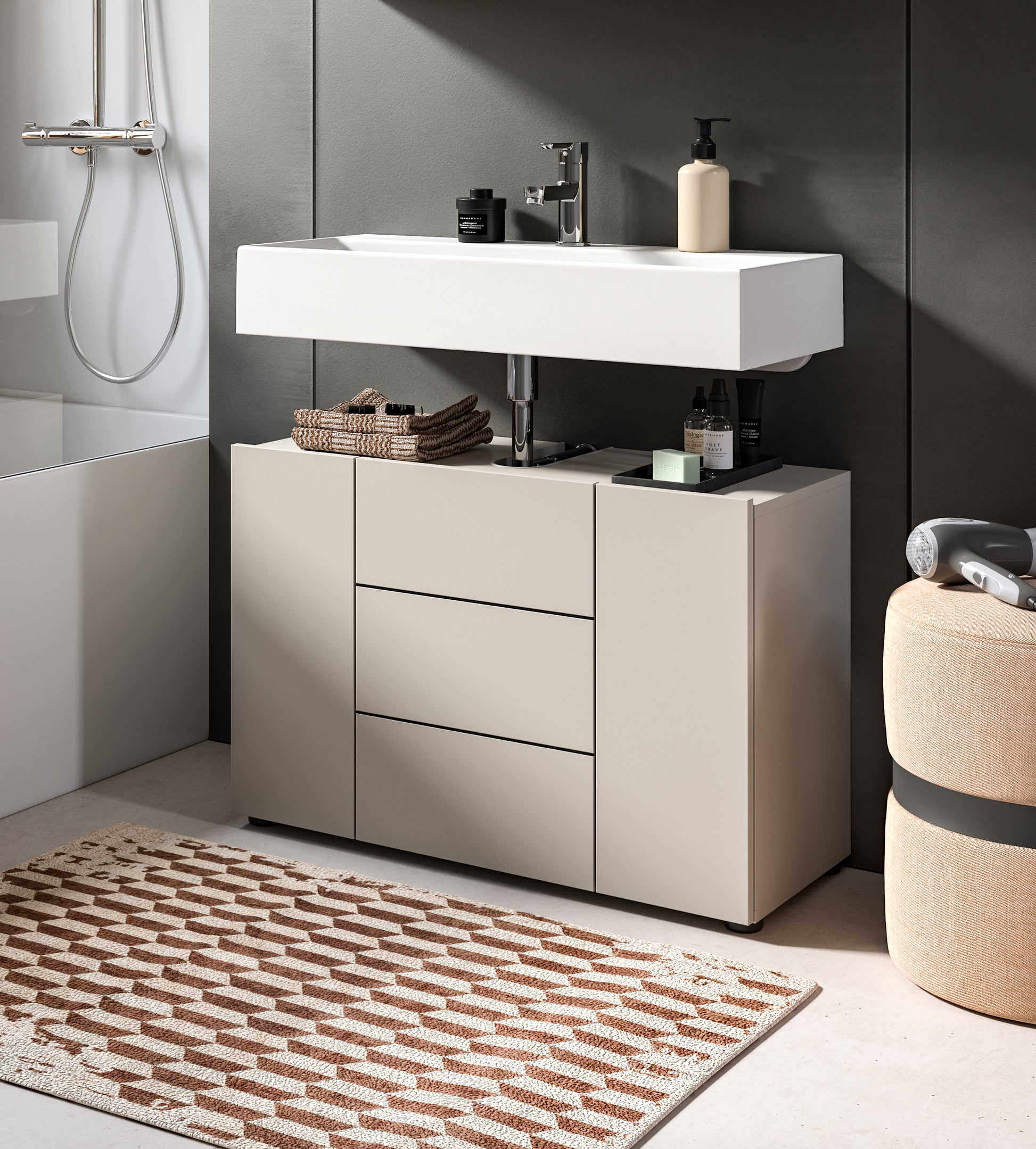 Waschbeckenunterschrank breit Hellbeige mit Schubladenfronten und Einlegeboden im Bad