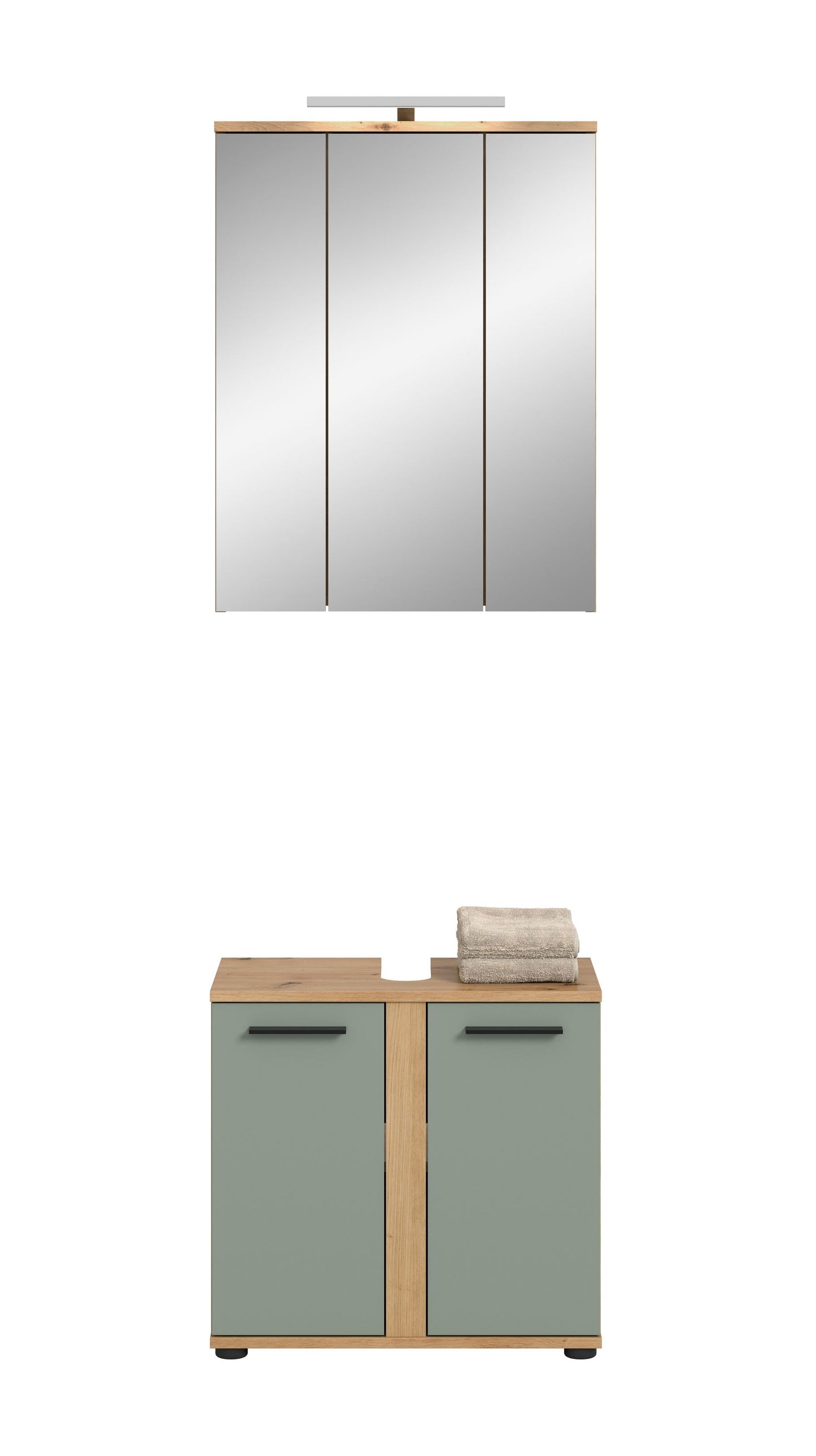 Badmöbel-Set-Unterschrank mit zwei Frontklappen, Holz- und mintfarbenen Flächen