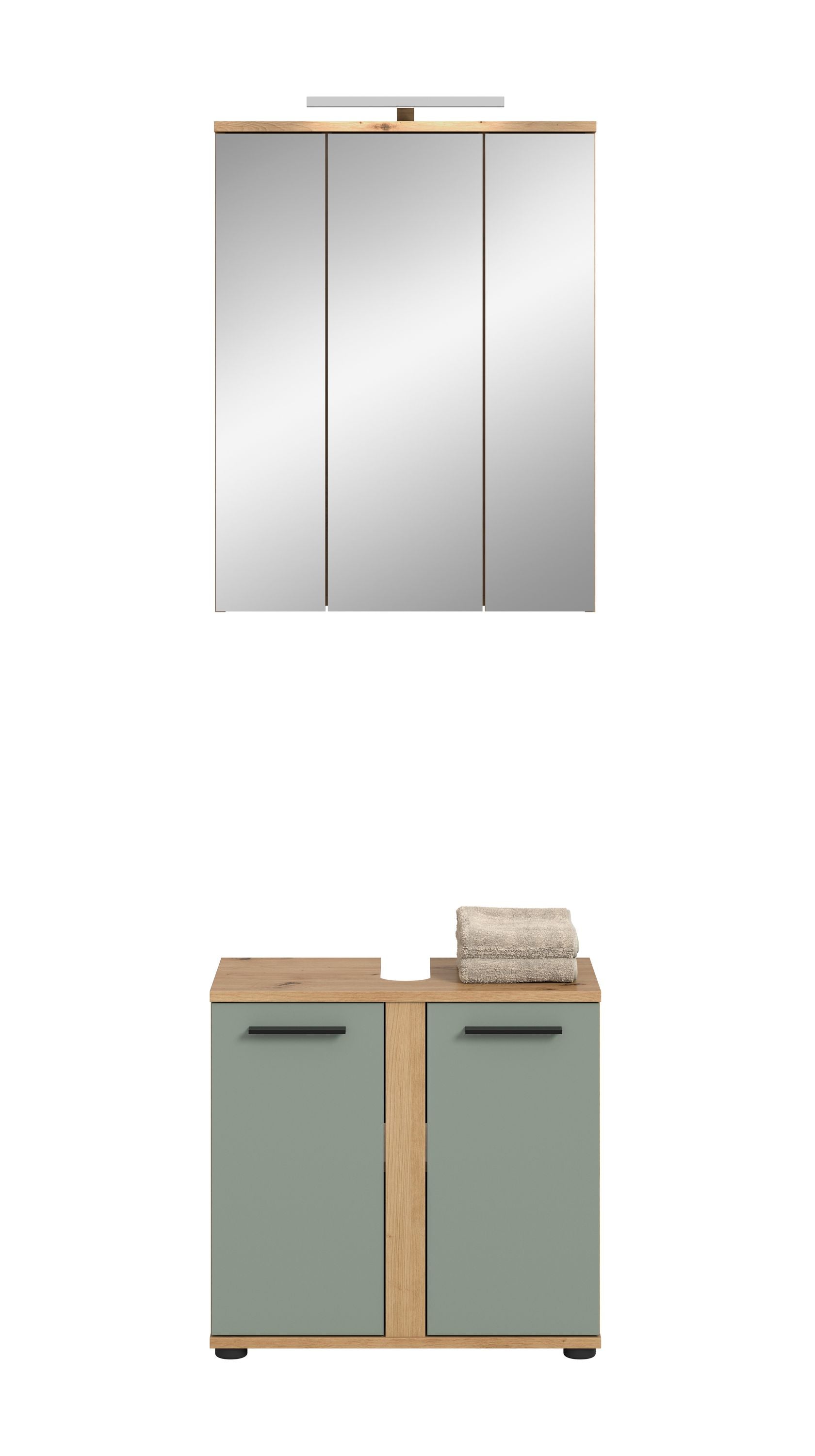 Badmöbel-Set-Unterschrank mit zwei Frontklappen, Holz- und mintfarbenen Flächen