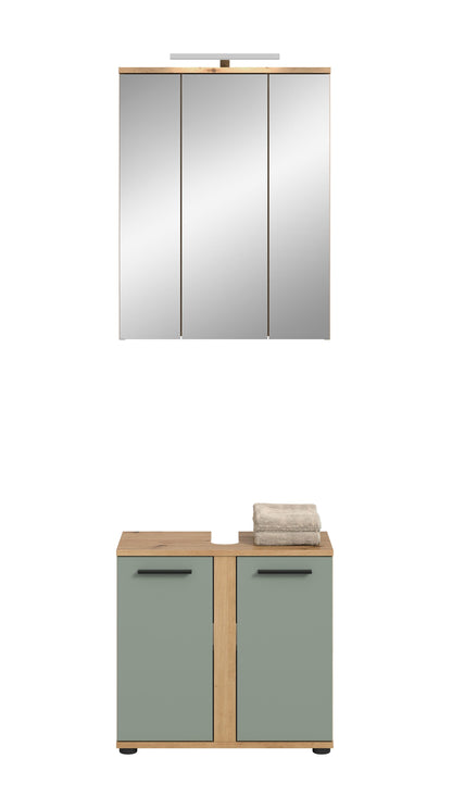 Badmöbel-Set-Unterschrank mit zwei Frontklappen, Holz- und mintfarbenen Flächen