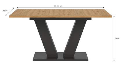 Esstisch mit heller Holzplatte und dunklem X-Gestell, rechteckig