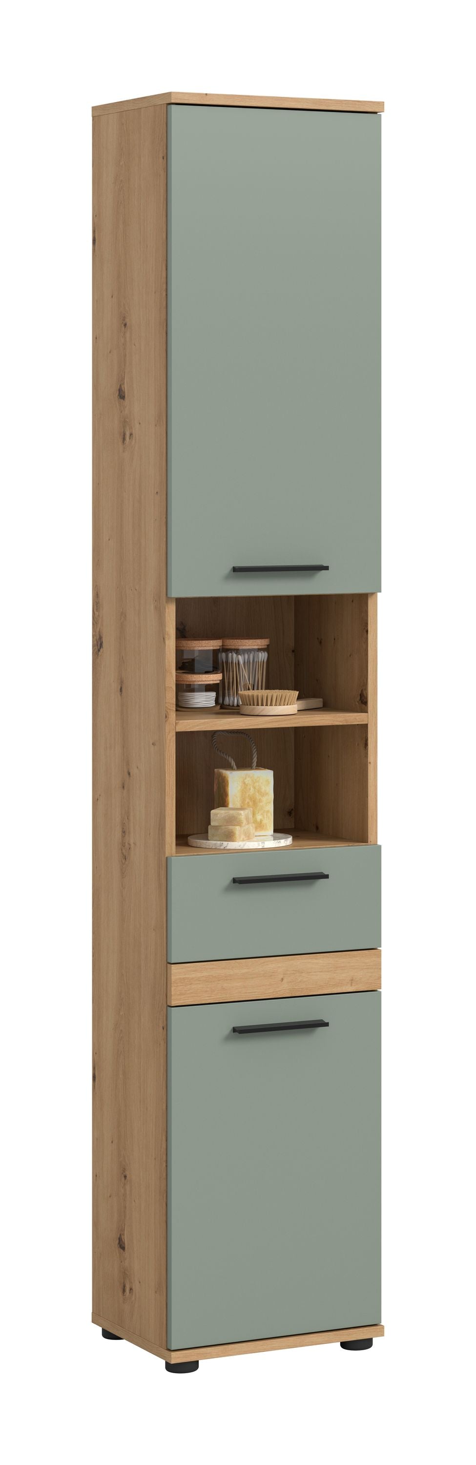 Badhochschrank mit 2 Schubladen und offenen Fächern, hellgraue Front, Holzoptik