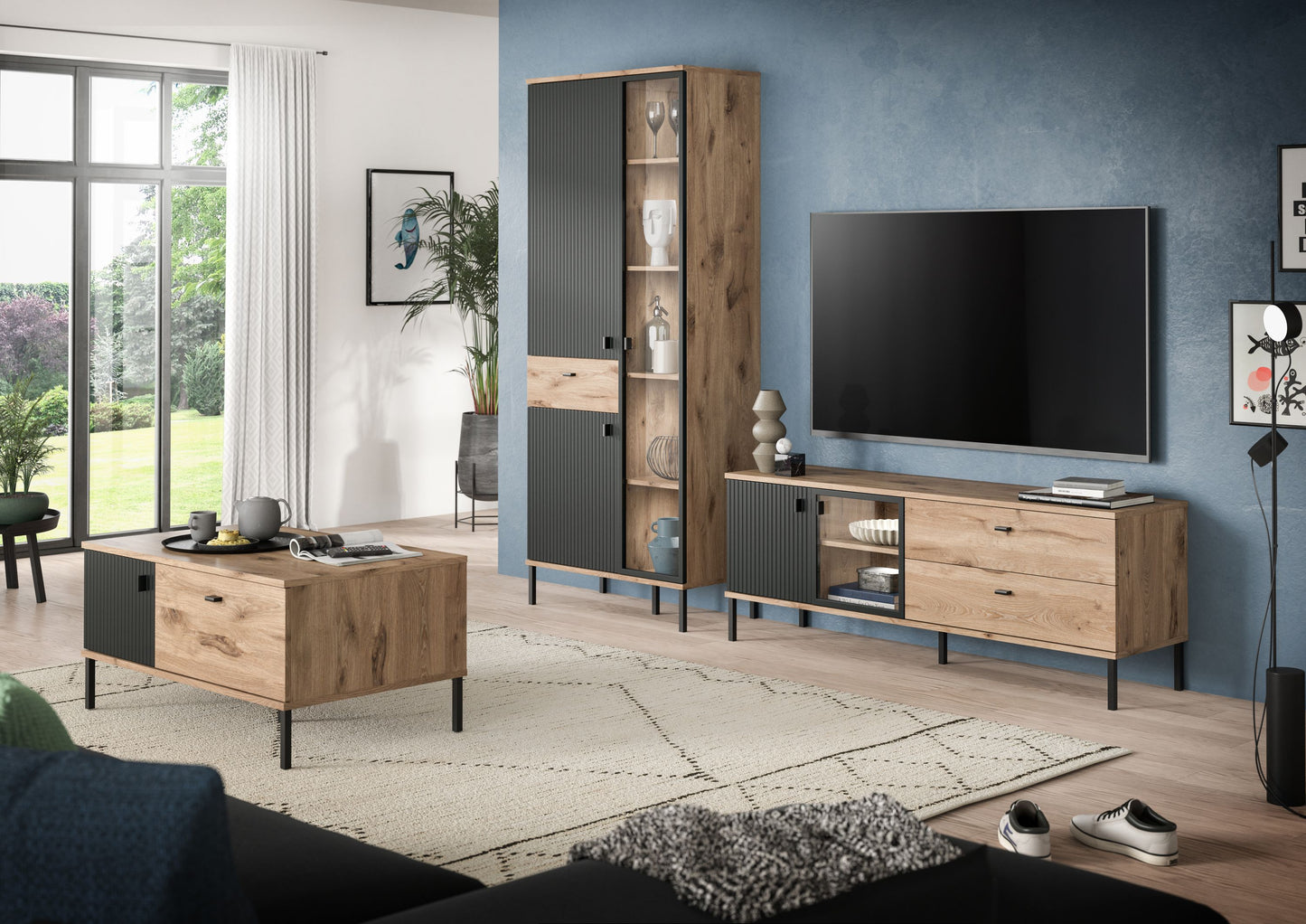 Homes & Jones Vitrinenschrank, Wohnzimmerschrank-mit 4 Deko Fächer, Wohnmöbel