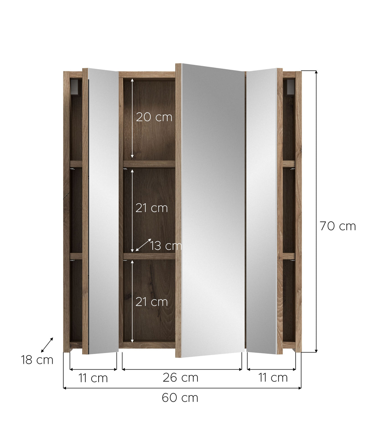 Badspiegelschrank geöffnet mit Maßangaben: 60 cm Breite, 70 cm Höhe