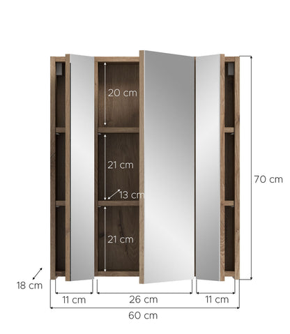 Badspiegelschrank geöffnet mit Maßangaben: 60 cm Breite, 70 cm Höhe