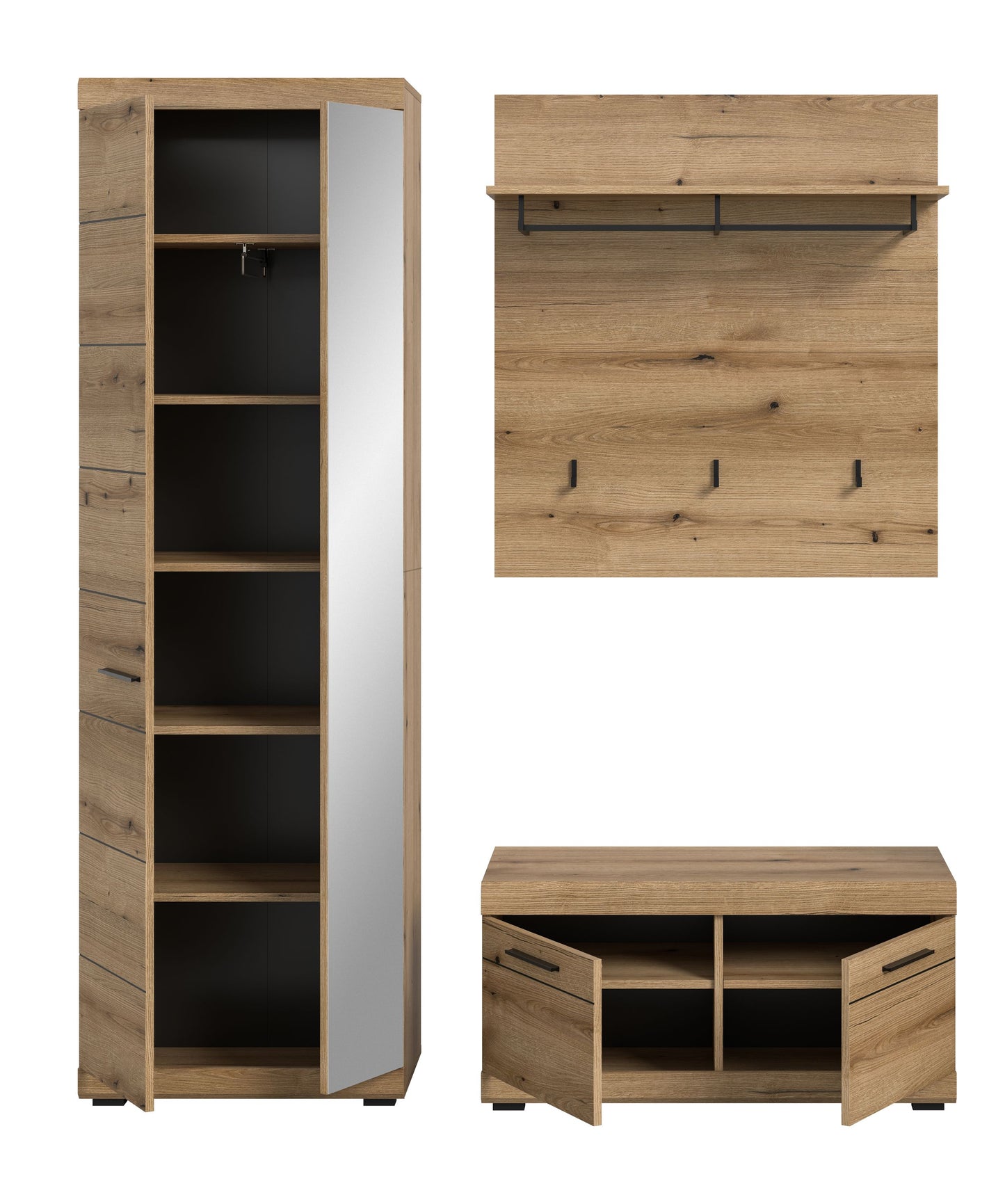 Garderobenschrank mit offenen Fächern und Spiegelrahmen, Holzdekor, Metallgriffen