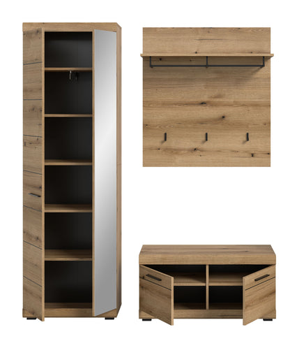 Garderobenschrank mit offenen Fächern und Spiegelrahmen, Holzdekor, Metallgriffen
