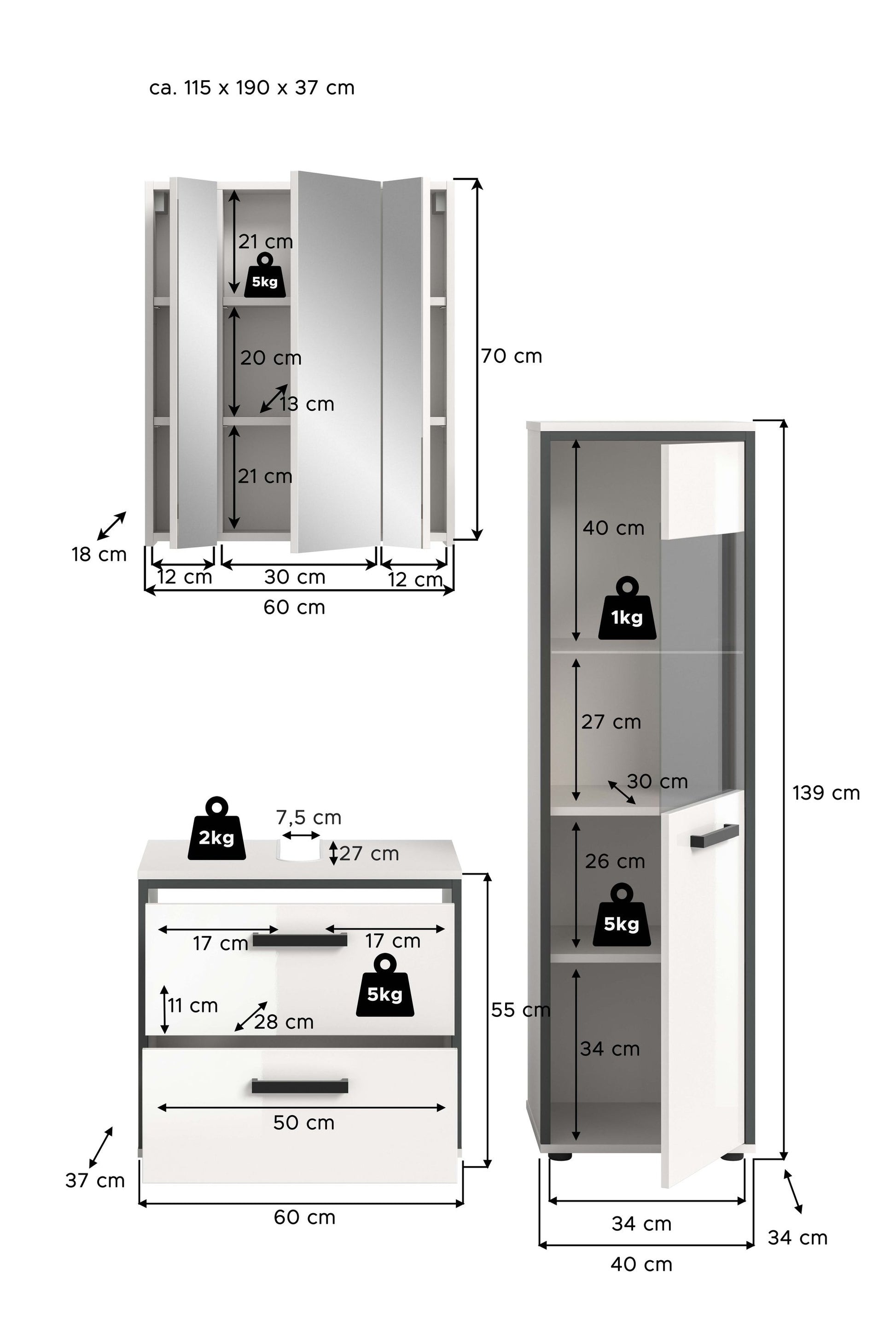 Badmöbelset mit Maßangaben zu Unterschrank, Hochschrank und Badspiegelschrank