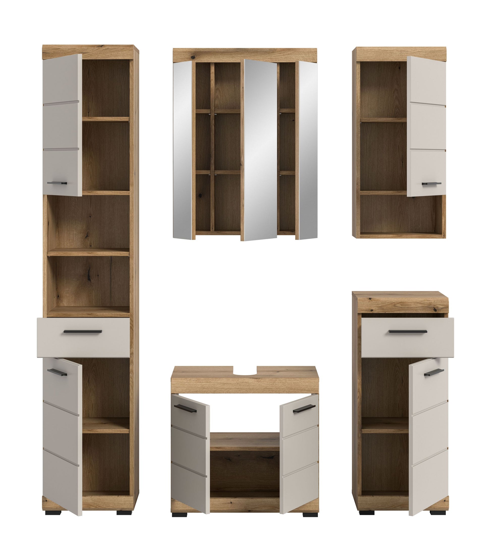 Badezimmerschrank-Set mit Holzdekor und weißen Elementen, Türen und offene Fächer sichtbar