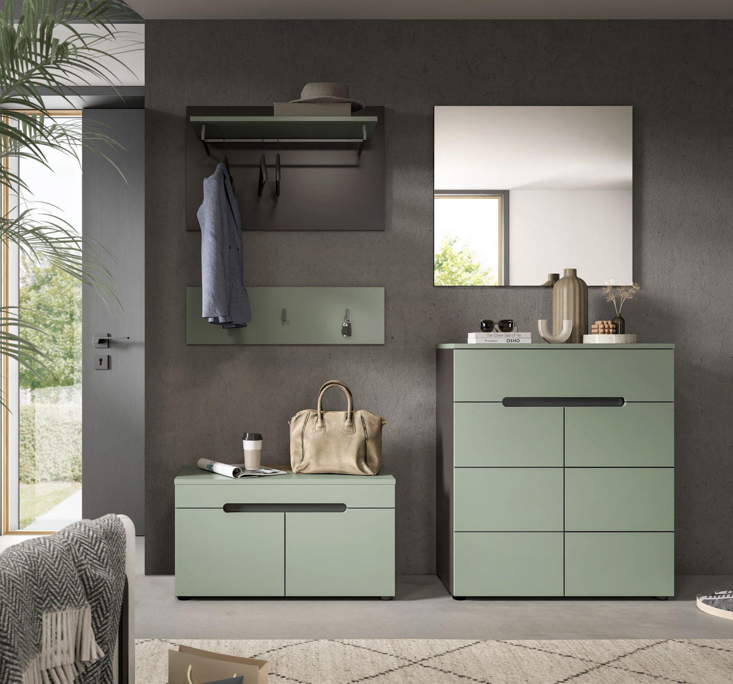 Ensemble de meuble d'entrée CANU (l/h/p : env. 175/190/37 cm) en gris basalte/vert fumée