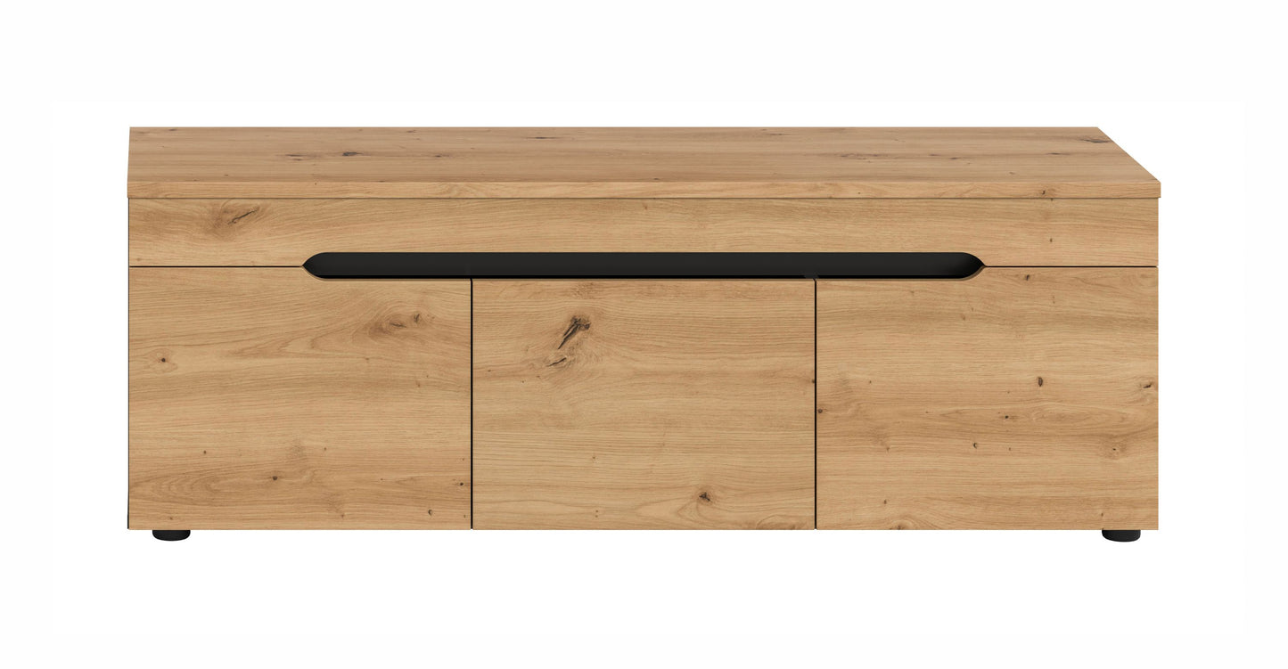 Garderobenbank 120 cm mit drei Frontklappen und schwarzer Griffleiste, Holzoptik