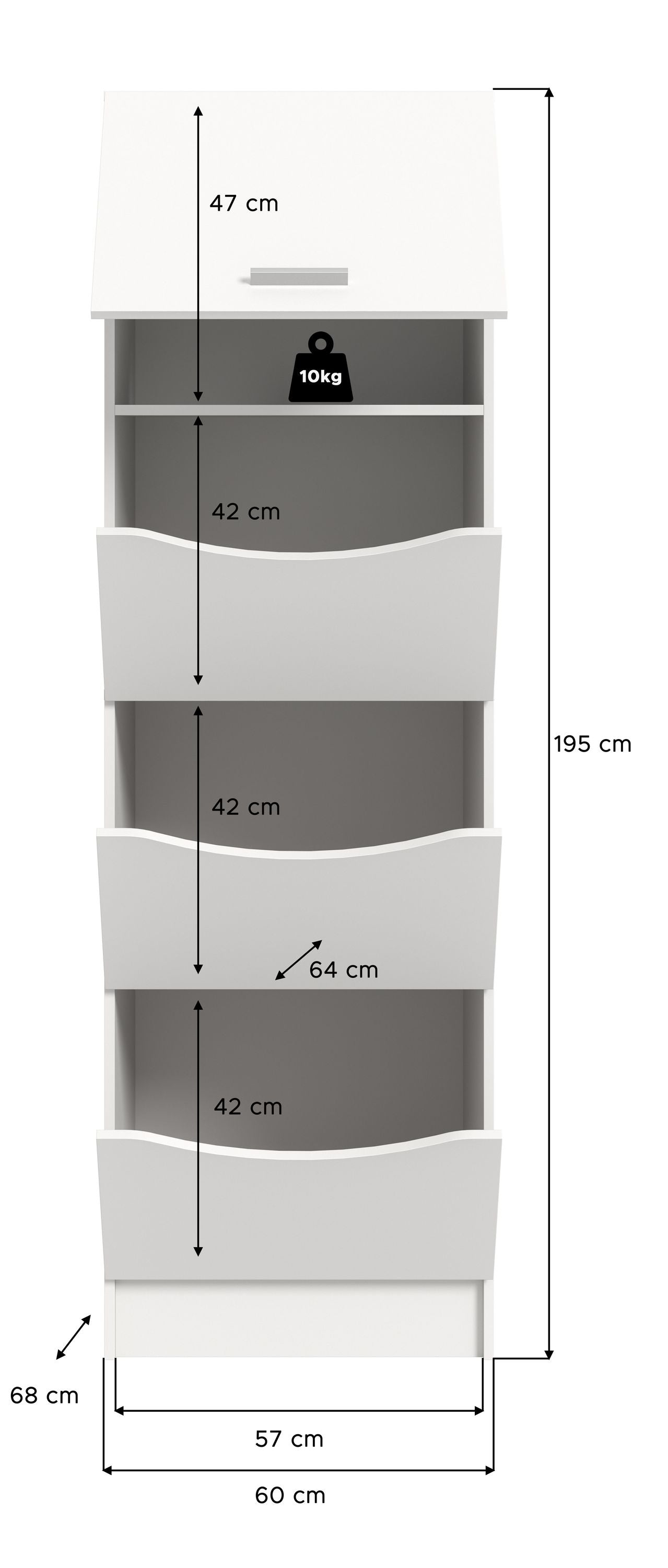 Wäscheschrank weiß mit Wäscheboxen, Frontfächern und Maßangaben