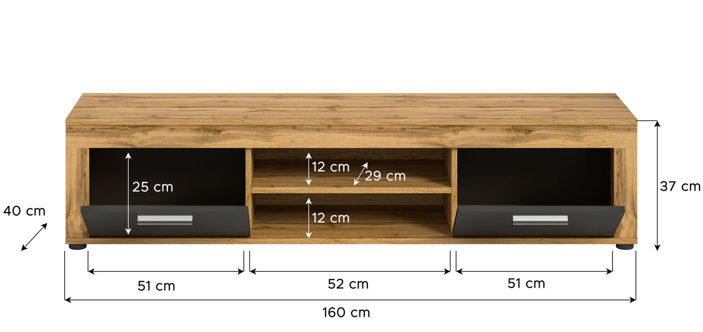 Meuble TV bas JAM (L/H/P : env. 160/37/40 cm) en imitation chêne Wotan/gris