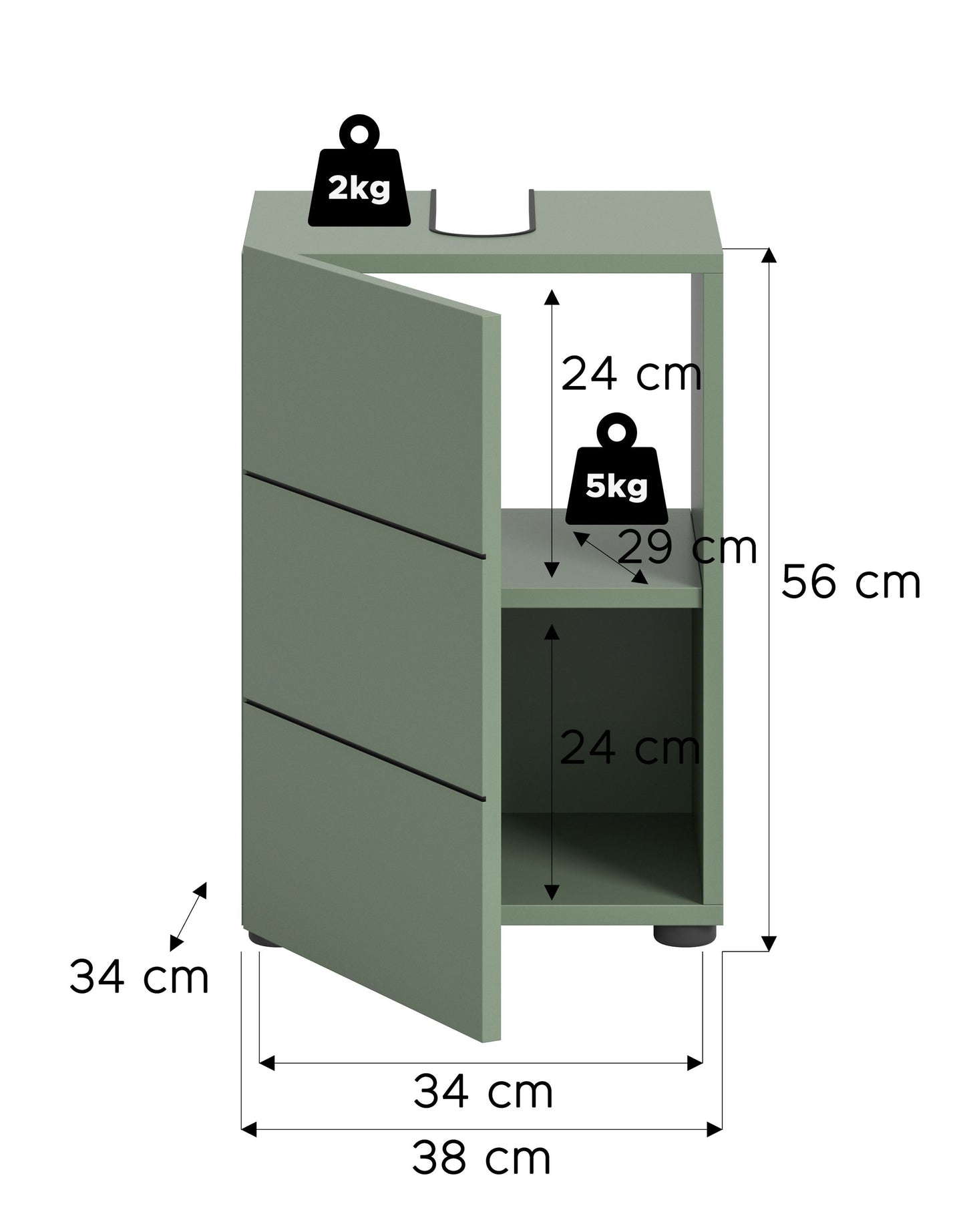 Schmaler Waschbeckenunterschrank in Grün mit Maßangaben und offenem Innenfach