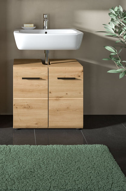 Waschbeckenunterschrank 60 cm breit mit Fronten in Holzoptik und zwei Schubladen
