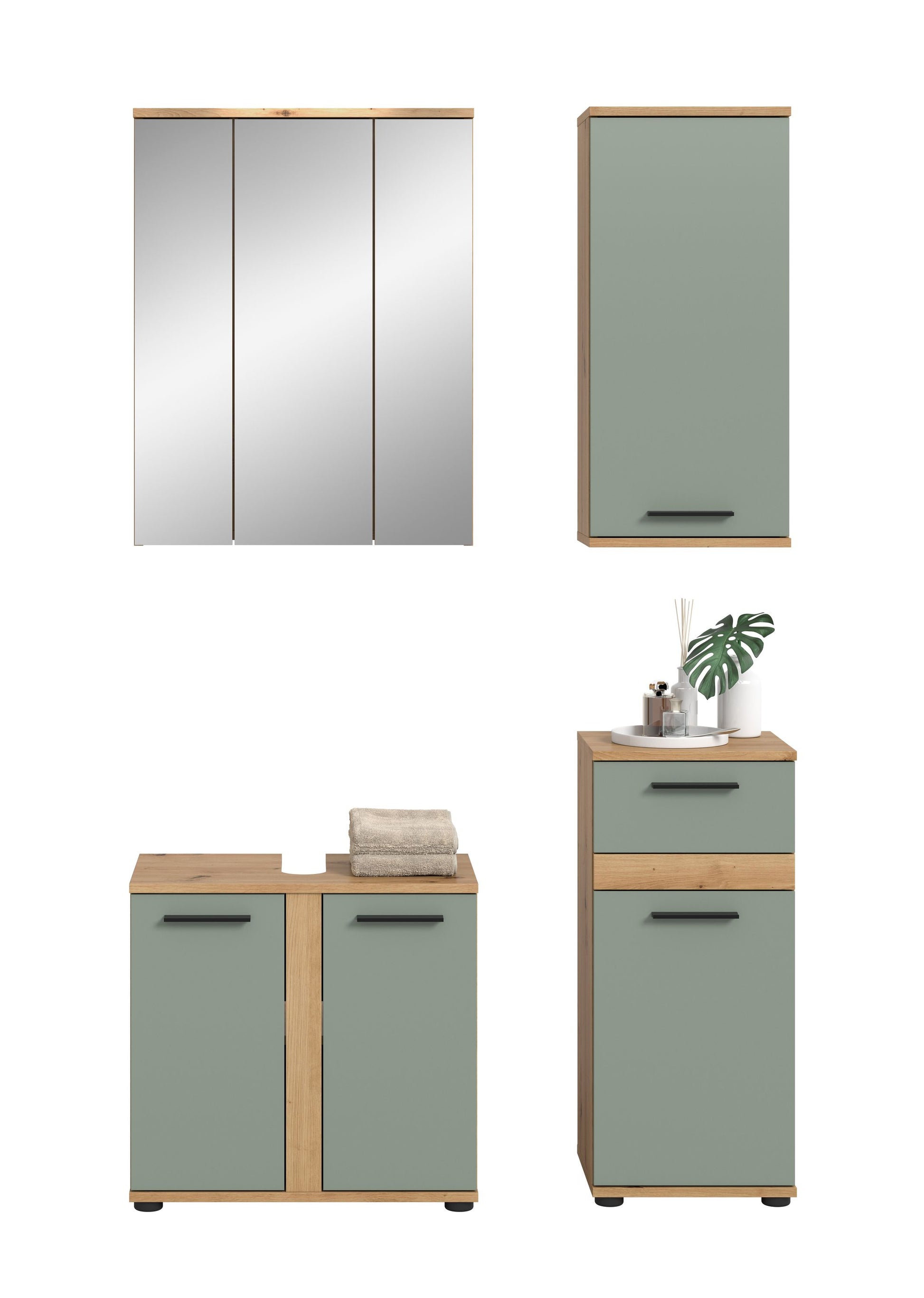Badmöbel-Set mit Spiegelschrank und Unterschränken, Holzoptik, mintfarbene Türen und Schubladen