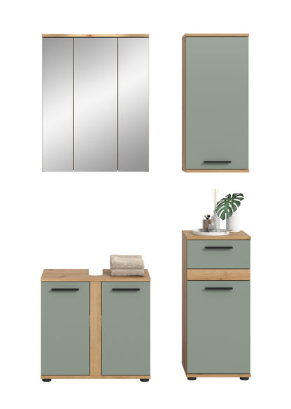 Badmöbel-Set mit Spiegelschrank und Unterschränken, Holzoptik, mintfarbene Türen und Schubladen