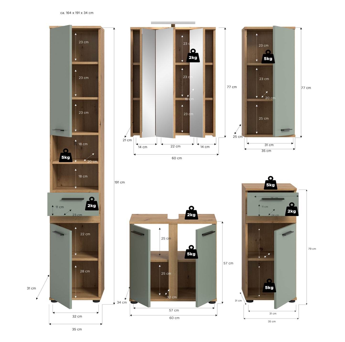 Badmöbel-Set mit verschiedenen Ansichten: Hochschrank, Spiegelschrank, Waschtisch, Holzdekor, grün