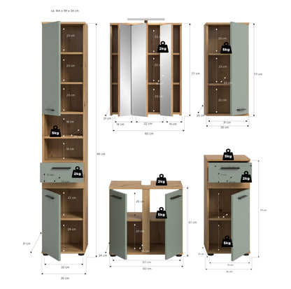 Badmöbel-Set mit verschiedenen Ansichten: Hochschrank, Spiegelschrank, Waschtisch, Holzdekor, grün