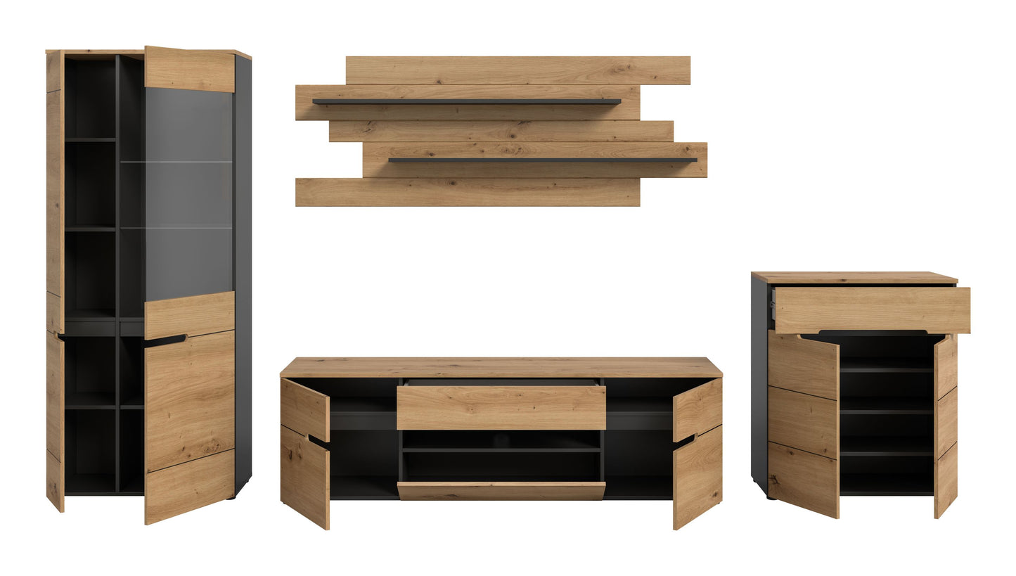 Wohnwand Holzoptik: Vitrine seitlich offen, Lowboard mit Stauraum, Wandboard; grau hinterlegt