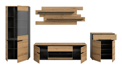 Wohnwand Holzoptik: Vitrine seitlich offen, Lowboard mit Stauraum, Wandboard; grau hinterlegt