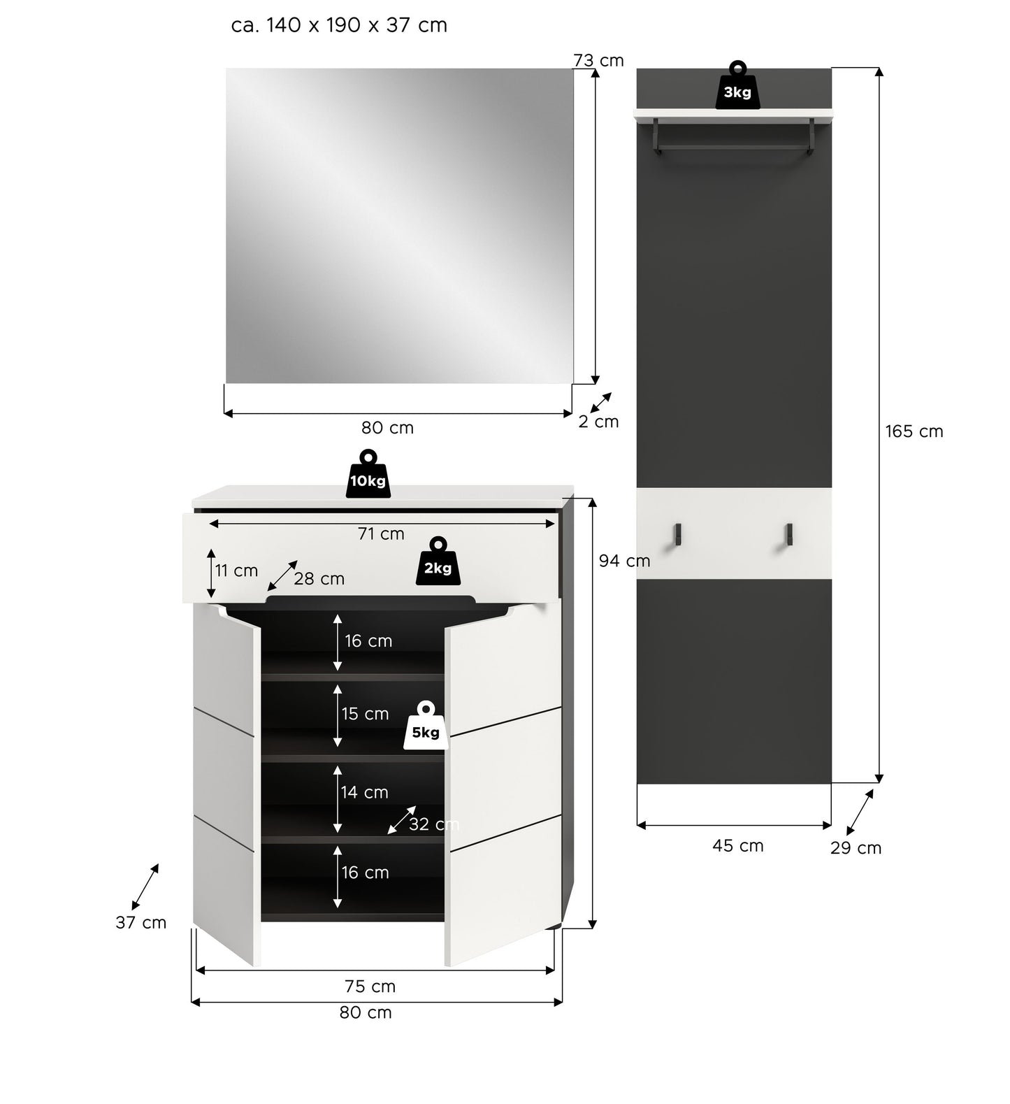 Ensemble de vestiaire CANU (L/H/P : env. 140/190/37 cm) en gris basalte/vert fumée