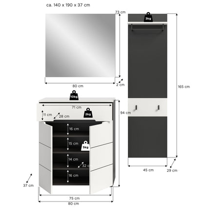 Ensemble de vestiaire CANU (L/H/P : env. 140/190/37 cm) en gris basalte/vert fumée