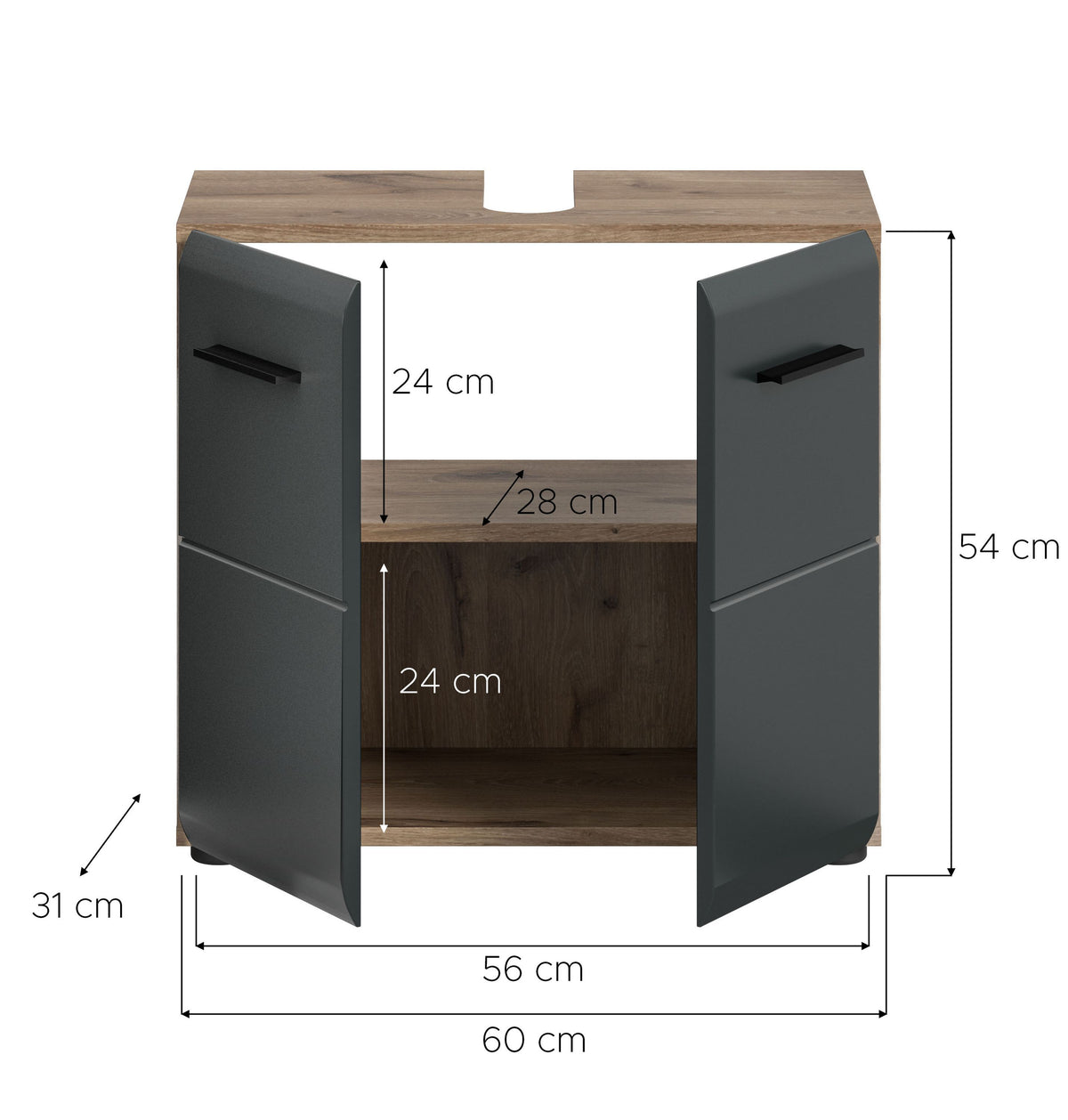 Waschbeckenunterschrank 60 cm dunkelgrau, Maßzeichnung mit Innenfach