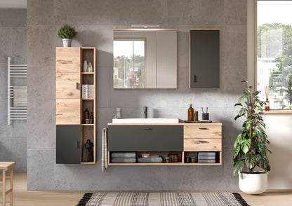 Badmöbelkomplettset Homes & Jones im Bad: Waschtisch mit Front in Holzoptik und dunkler Fläche