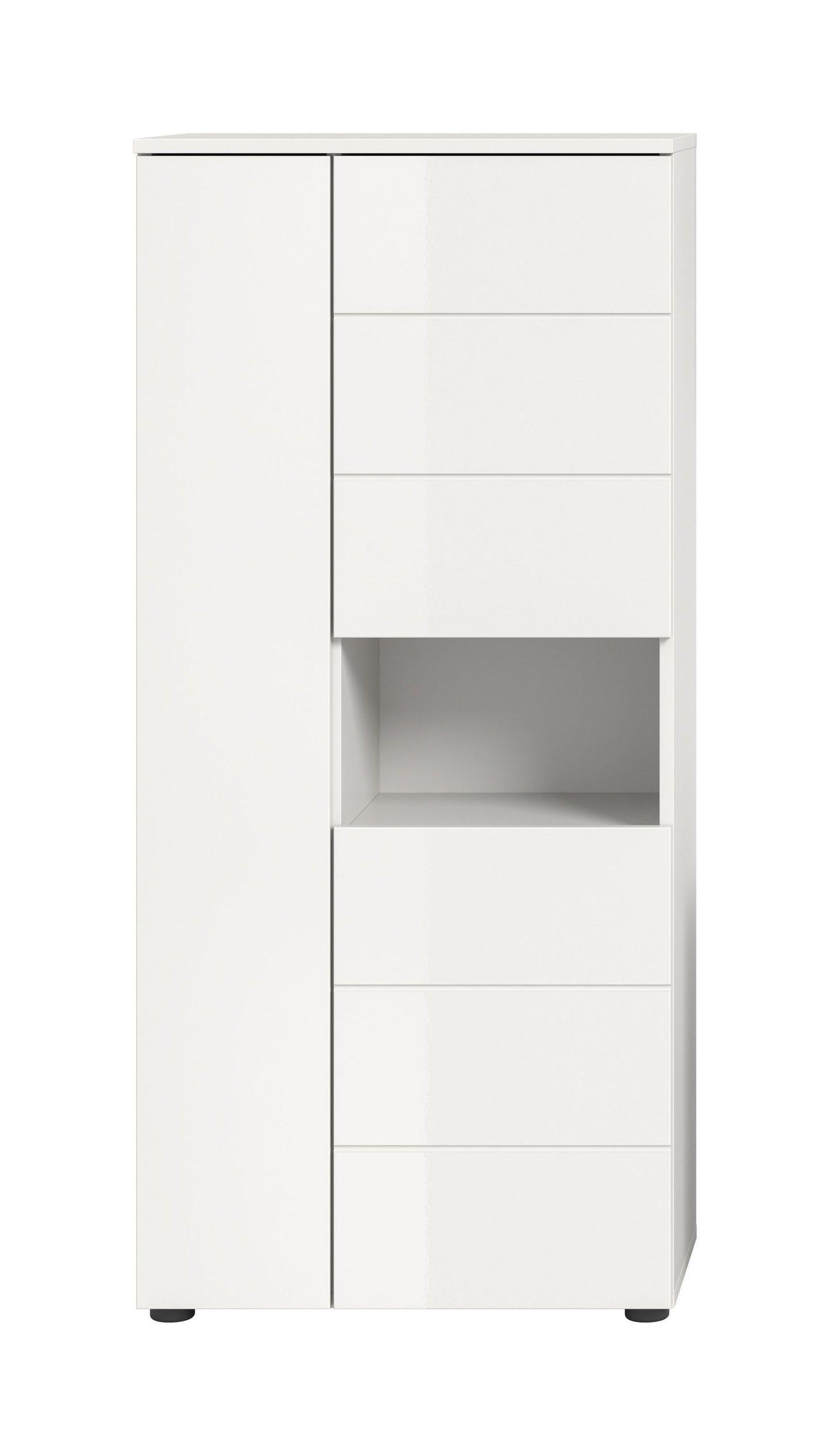 Weißer Badschrank mit Hochglanzfront, offenes Fach und Schubladenfronten
