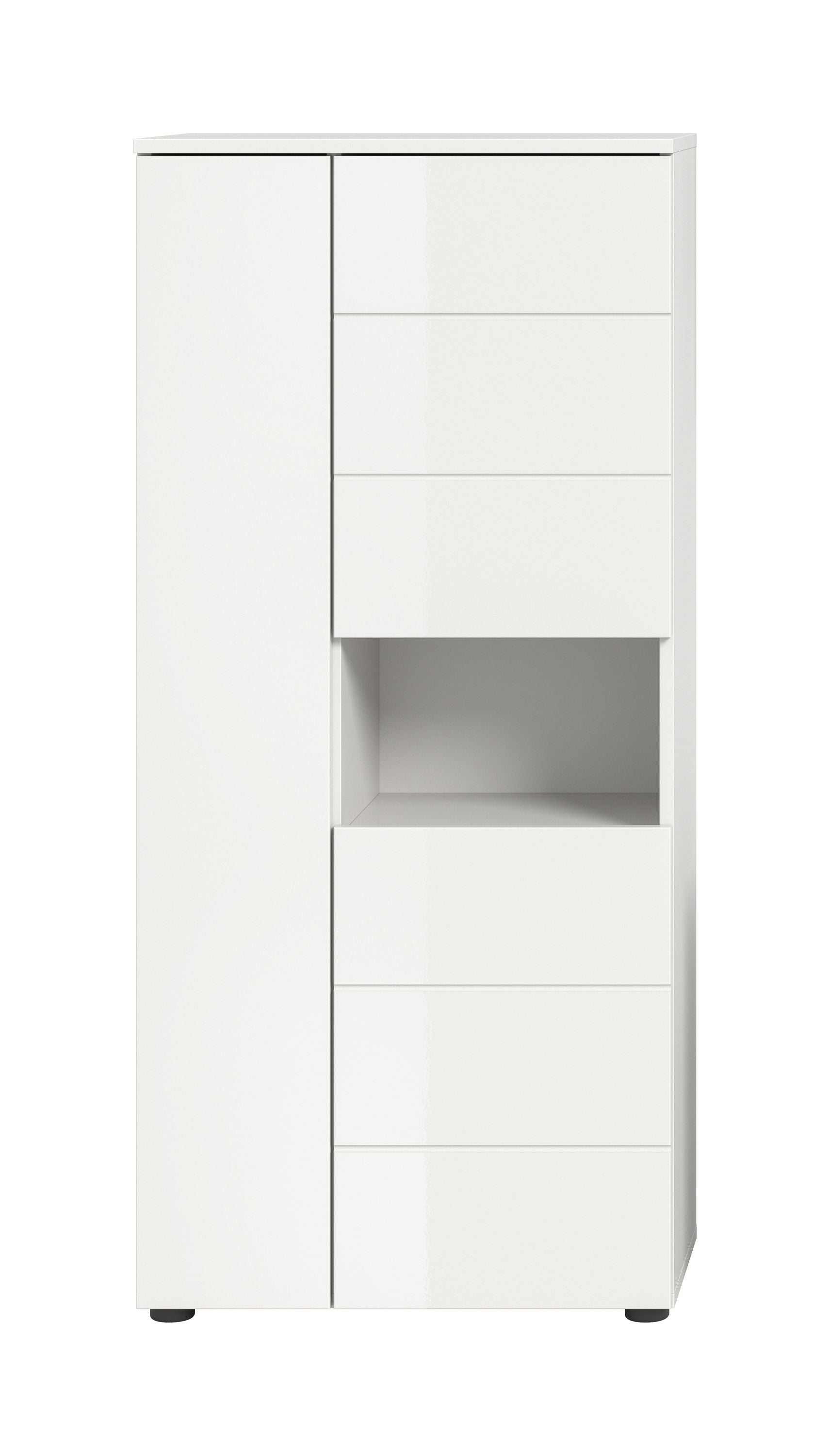 Weißer Badschrank mit Hochglanzfront, offenes Fach und Schubladenfronten