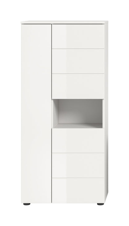 Weißer Badschrank mit Hochglanzfront, offenes Fach und Schubladenfronten
