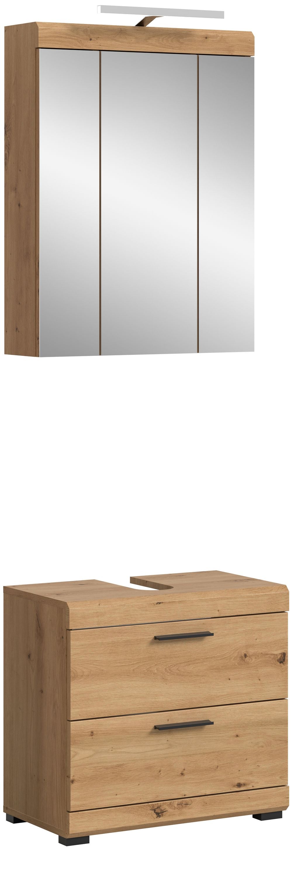 Badezimmerschrank-Set in Eiche-Optik: Spiegelschrank und Unterschrank mit Schubladen