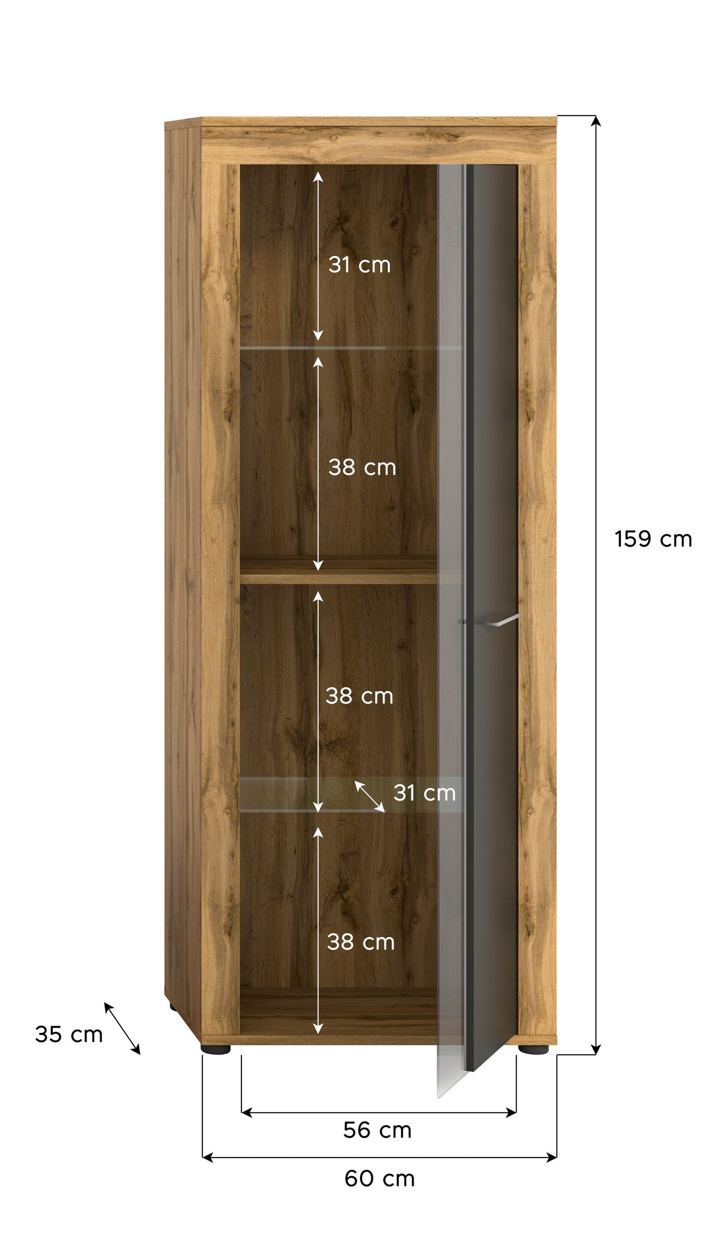 Homes & Jones Vitrinenschrank 60 cm breit, Wohnzimmerschrank, Wohnmöbel