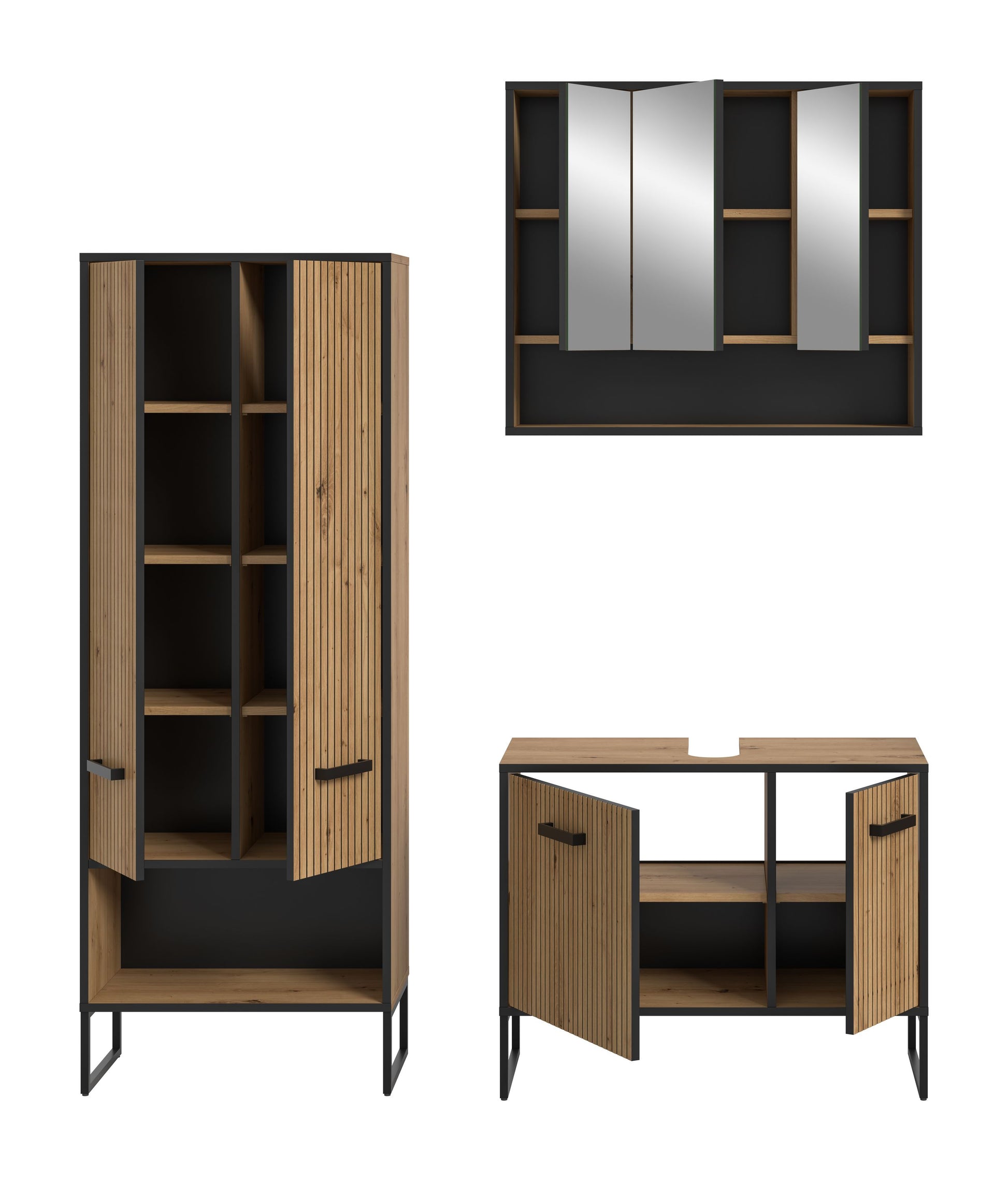 Badmöbel-Set mit offenem Stand schrank und Badspiegelschrank, Holzoptik mit Lamellenfronten