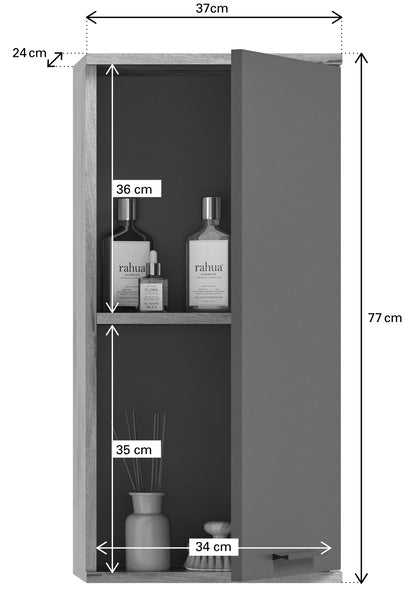 Hochschrank innenansicht mit Flaschenfächern und Regalböden, Grau und Holzdekor