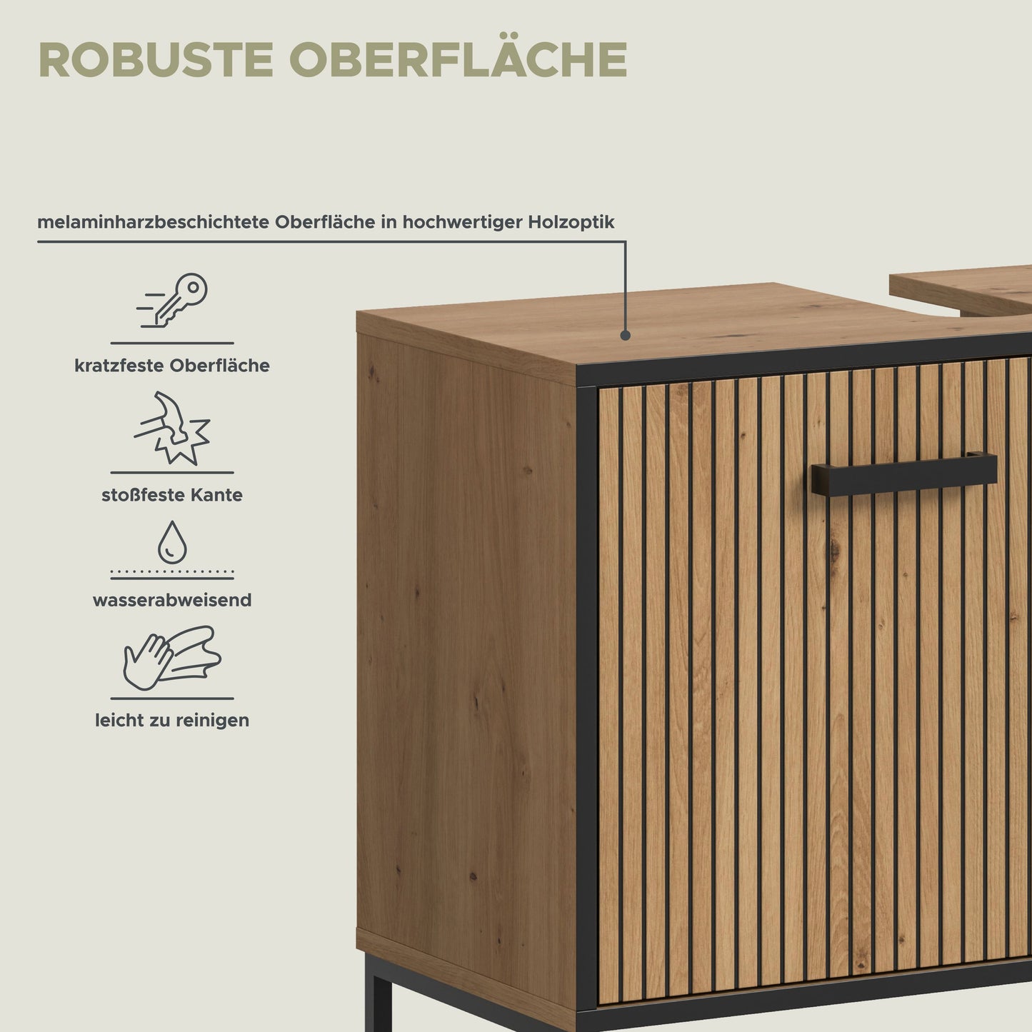 Infografik zur robusten Oberfläche: kratzfeste, wasserabweisende melaminharzbeschichtete Fronten