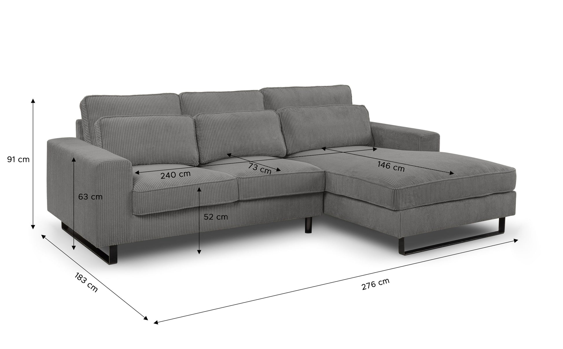 Ecksofa mit Recamiere in Grau, Maße am Sofa, Cord-Stoff und gepolsterte Sitze