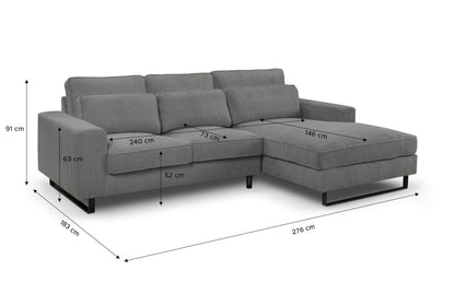 Ecksofa mit Recamiere in Grau, Maße am Sofa, Cord-Stoff und gepolsterte Sitze