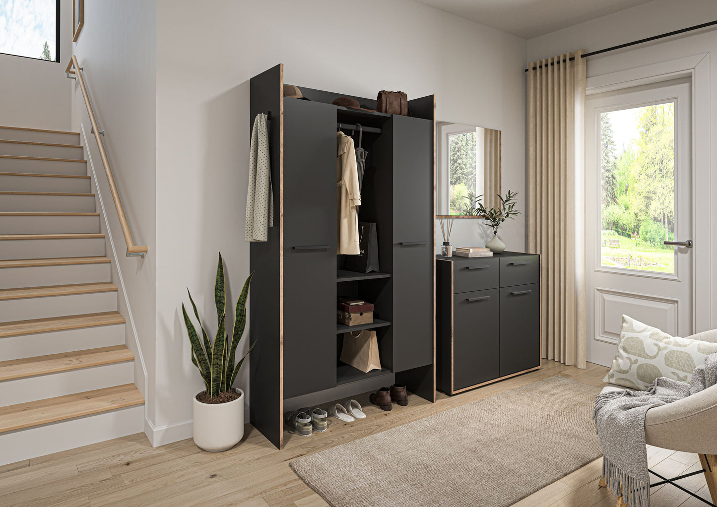 Ensemble de meubles d'entrée BUENO (L/H/P : env. 215/189/37 cm) en gris basalte/gris basalte