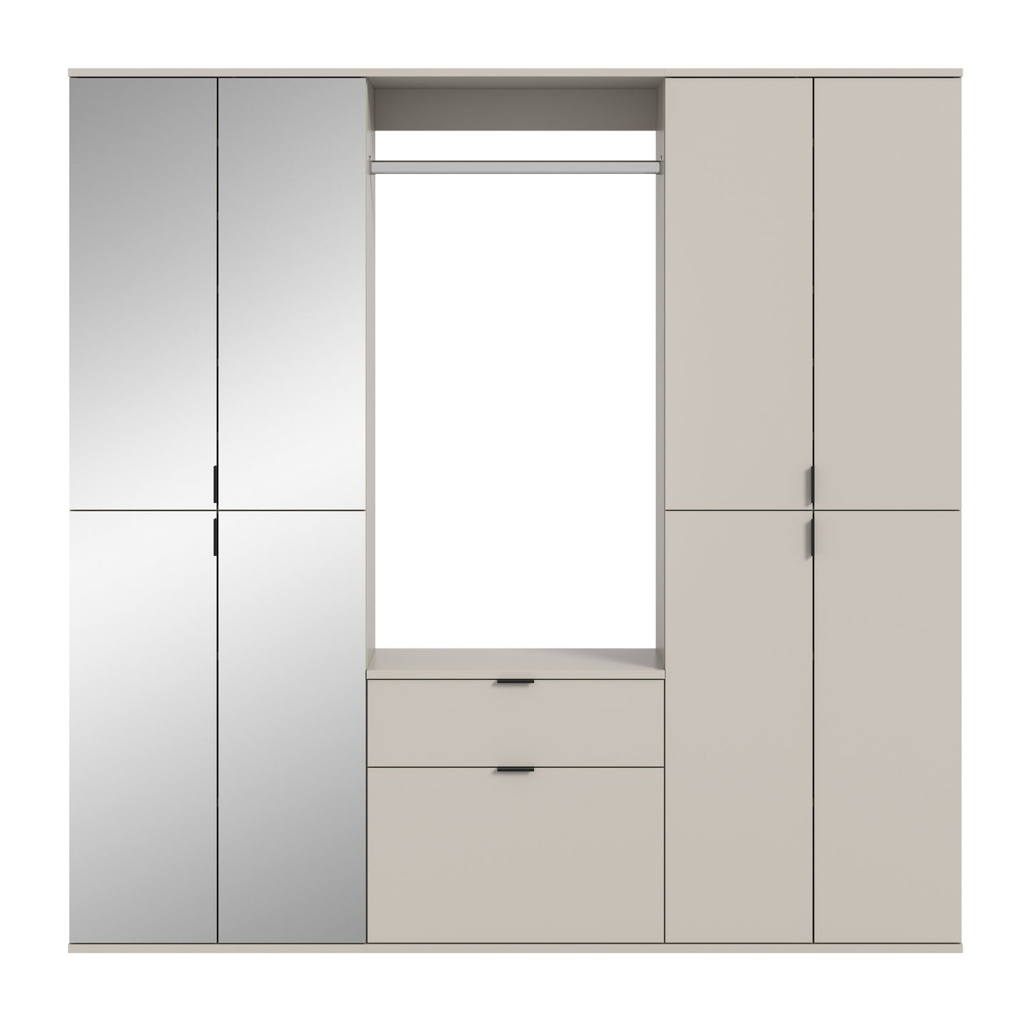 Garderobenschrank-Set mit offenen Fächern, Schubfächern und großen Türflügeln